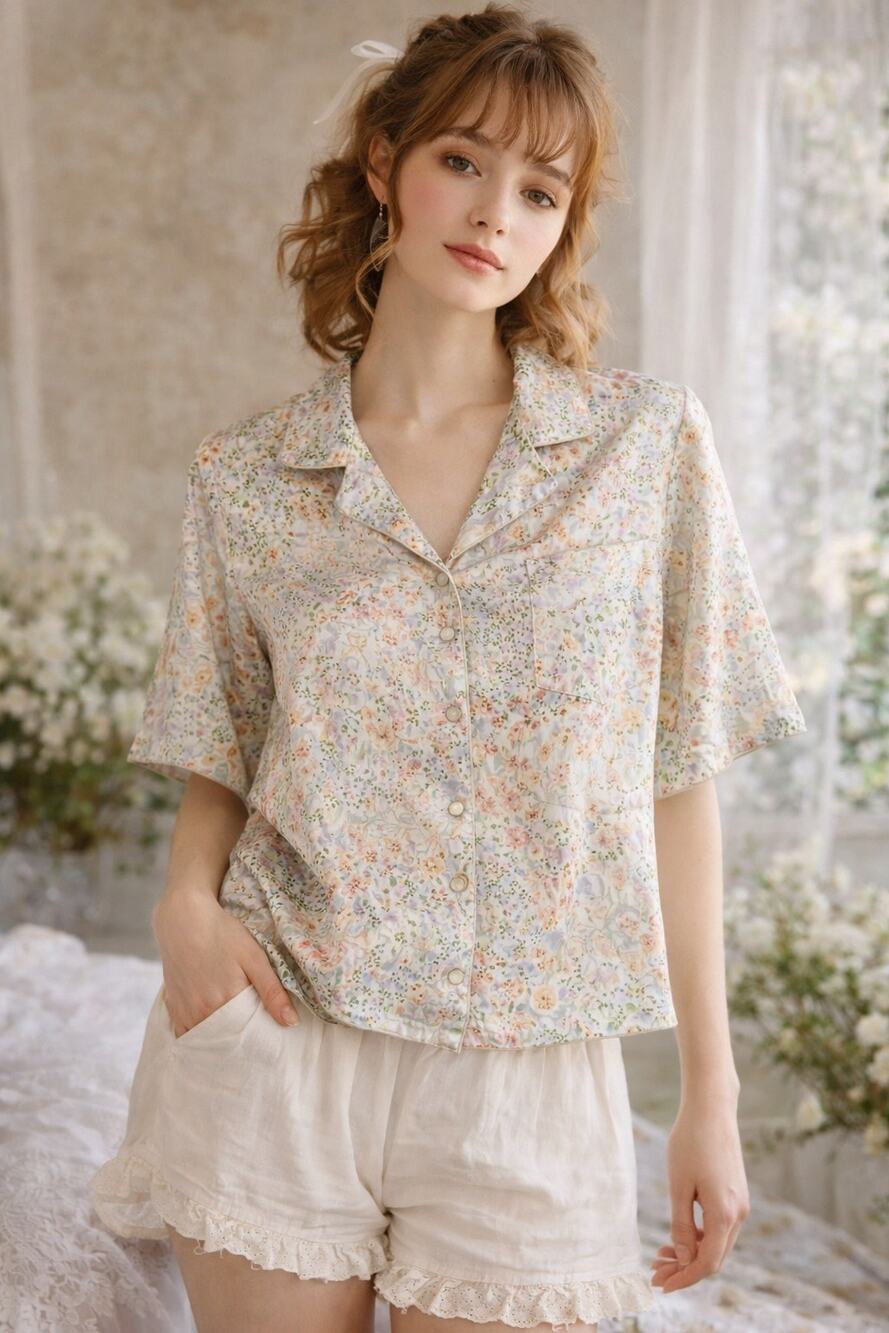 Cynthia Rowley Sleepwear Pajama Top Medium Floral Satin Button Up Cottage Pastel